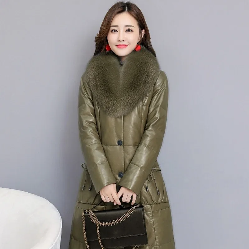 Faux Fox Fur Collar PU Leather Jacket Womens Elegant Luxury Plus Size S-4XL Ladies Long Parkas Coat Slim Fit Warm Winter Clothes