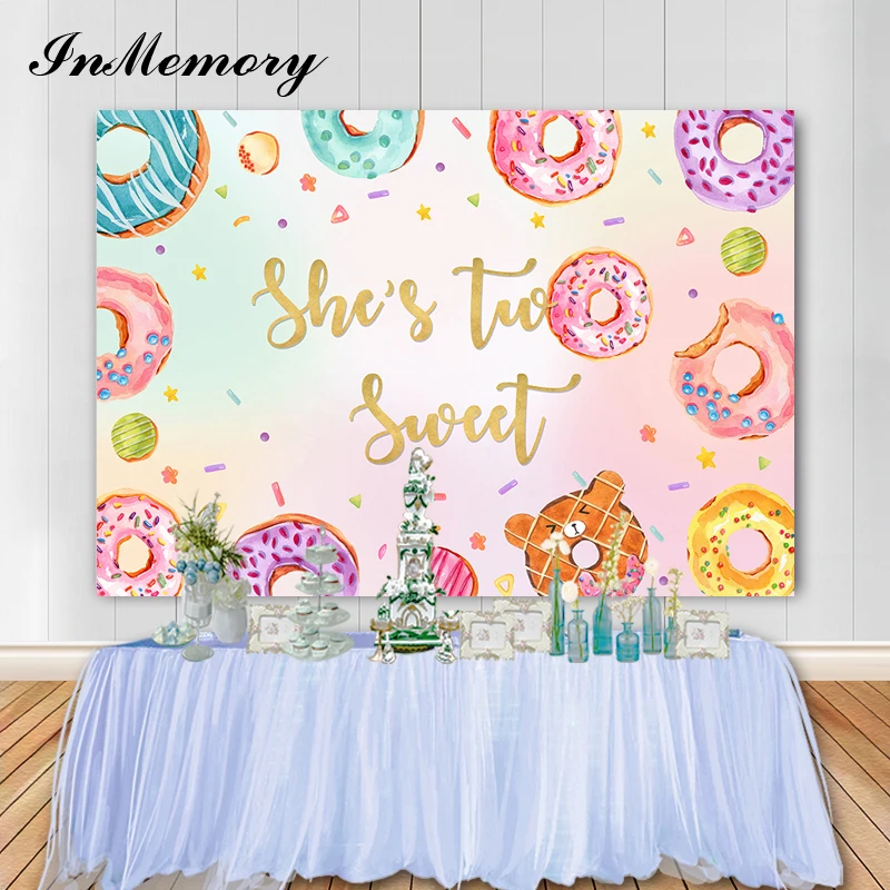 

InMemory Donut Theme Party Backdrop Pink Girls Sweet Two Birthday Photography Background Dessert Table Banner Poster Photocall