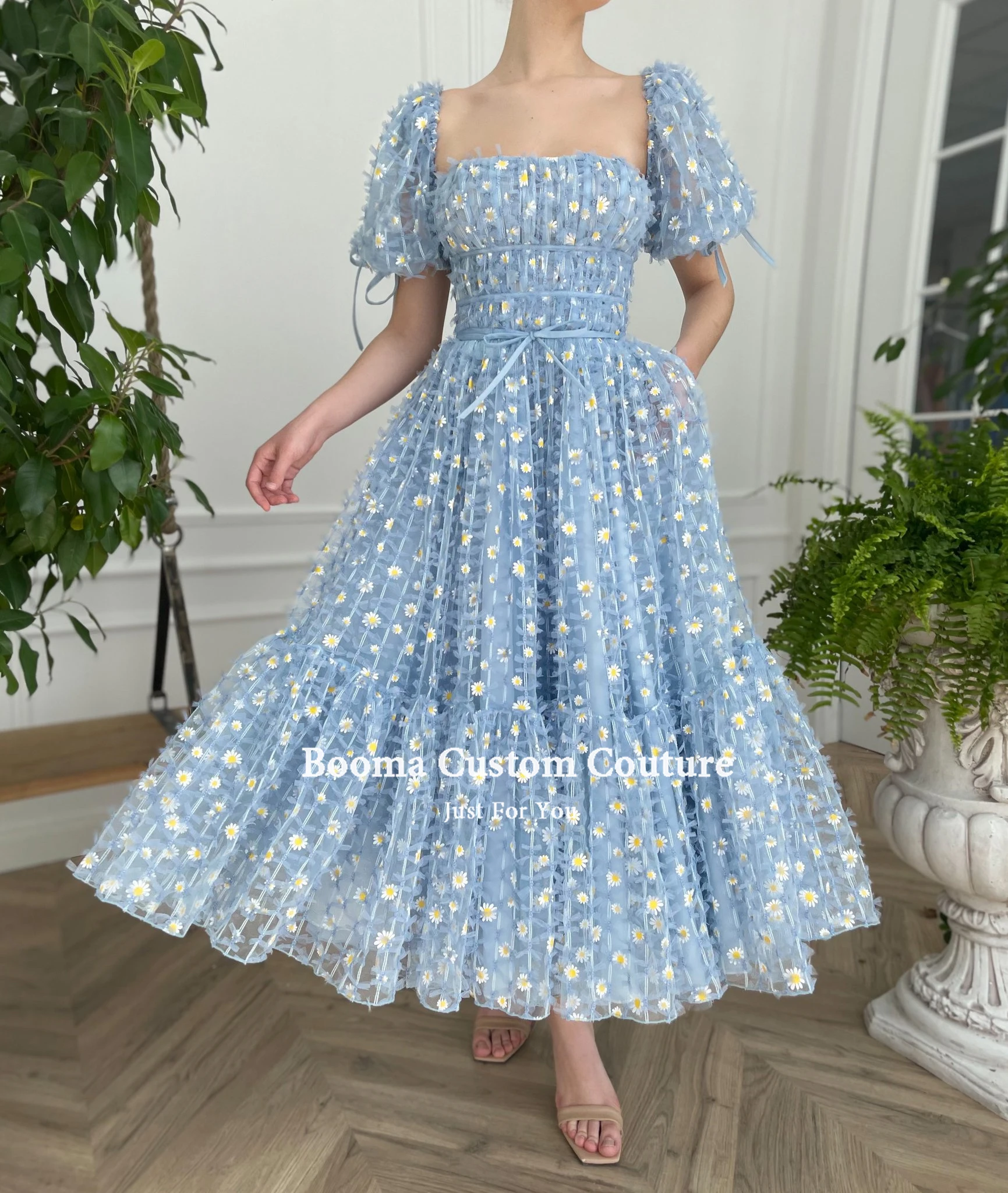 Booma Blue Square Neck Midi Prom Dresses Short Sleeves Daisies Lace Prom Gowns with Pockets Tea-Length Wedding Party Dresses