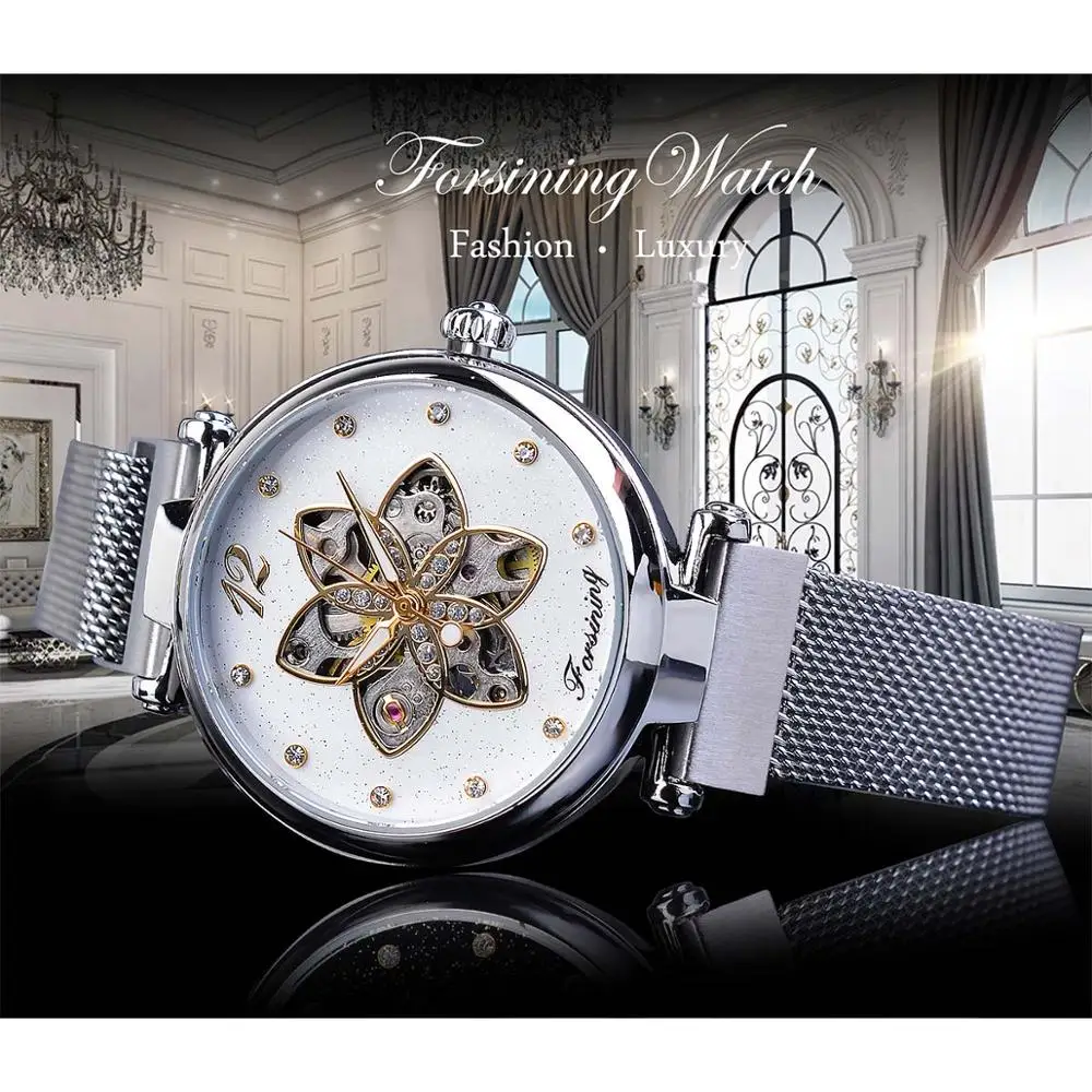 Forsining Mechanical Womens Watch Waterproof Automatic Casual Clock Silver Mesh Luminous Hand Slim Diamond Fashion Ladies Watch