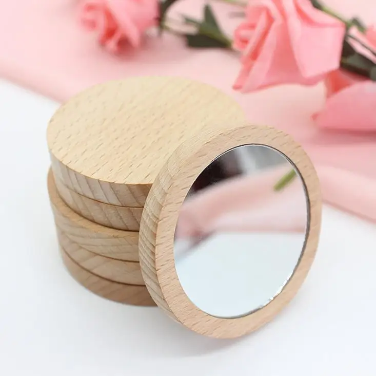 

100pcs Wooden Small Round Mirror Portable Pocket HD Mirror Wood Mini Makeup Mirror SN171