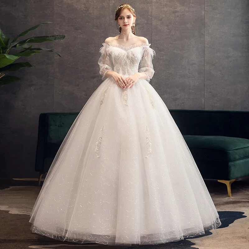 Vestido de casamento de manga comprida sexy, elegante fora do ombro, bordado com renda, vestido de noiva simples, Novo, 2023