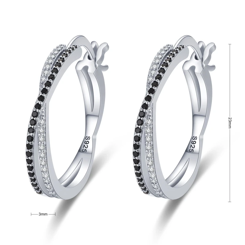 Black Awn Classic Silver Color Round Black Trendy Spinel Engagement Hoop Earrings for Women Jewelry Bijoux I209