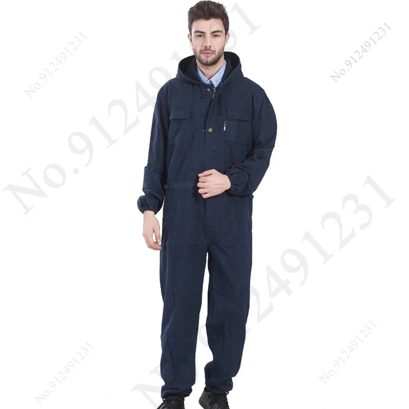 Denim Welder Suit Work Clothing For Men Hooded Overalls Long Sleeve Wear Resistant Painter Welding Uniforms Coveralls Dust Proof