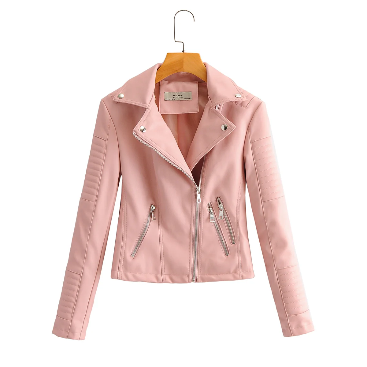 Mantel Jaket Risleting Sepeda Motor Kulit Lembut Faux Pu Musim Gugur Wanita Kerah Berlipat Turun Mantel Pengendara Sepeda Motor Ramping Streetwear Beige Dasar