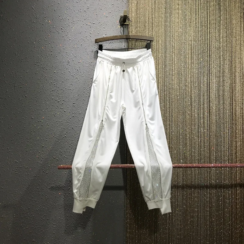 2020 New Summer Autumn Women's Zipper Mesh With Rhinestones Elastic Waist Pants Girls Street Wear Ladies Harem Pants A3536