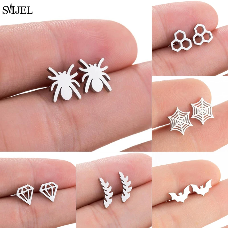 Vintage Fashion Spider Stainless Steel Earrings Geometric Leaves Bat Spider Web Honeycomb Shape Stud Earrings Women Jewelry