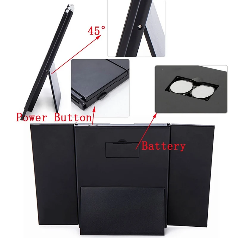 Espejo de maquillaje de tres pliegues con luz LED, espejos de bolsillo compactos de viaje portátiles, espejo cosmético plegable de viaje, espejo