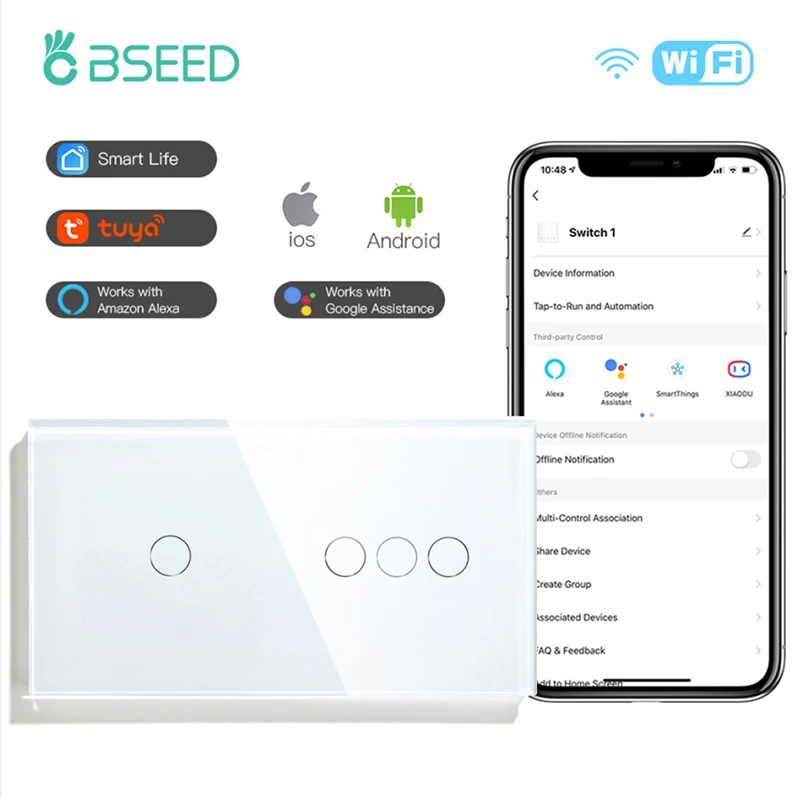 Bseed Wifi Control Light Switces 1/3Gang 1/2/3way Smart Touch Switch 4Gang Wall Switch Crystal Panel Smart Switch Work Tuya APP