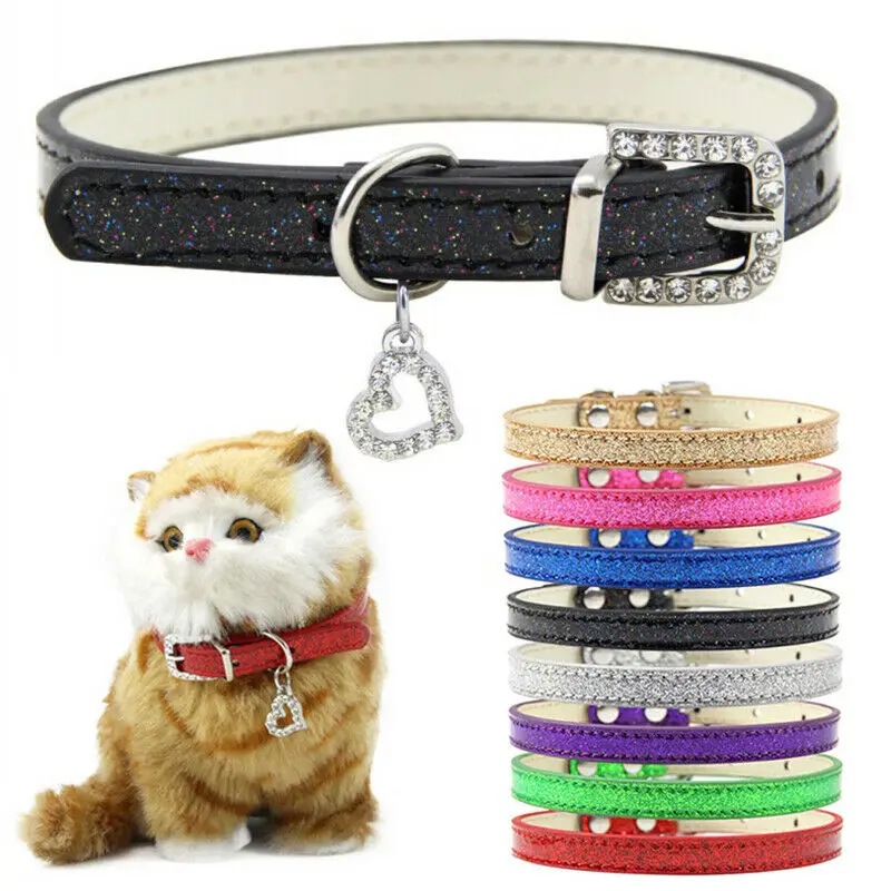 

Dog Collar PU Leather Glitter Bling Heart Rhinestone Necklace For Pet Puppy Chihuahua Pet Cat Collars Pet Supplies