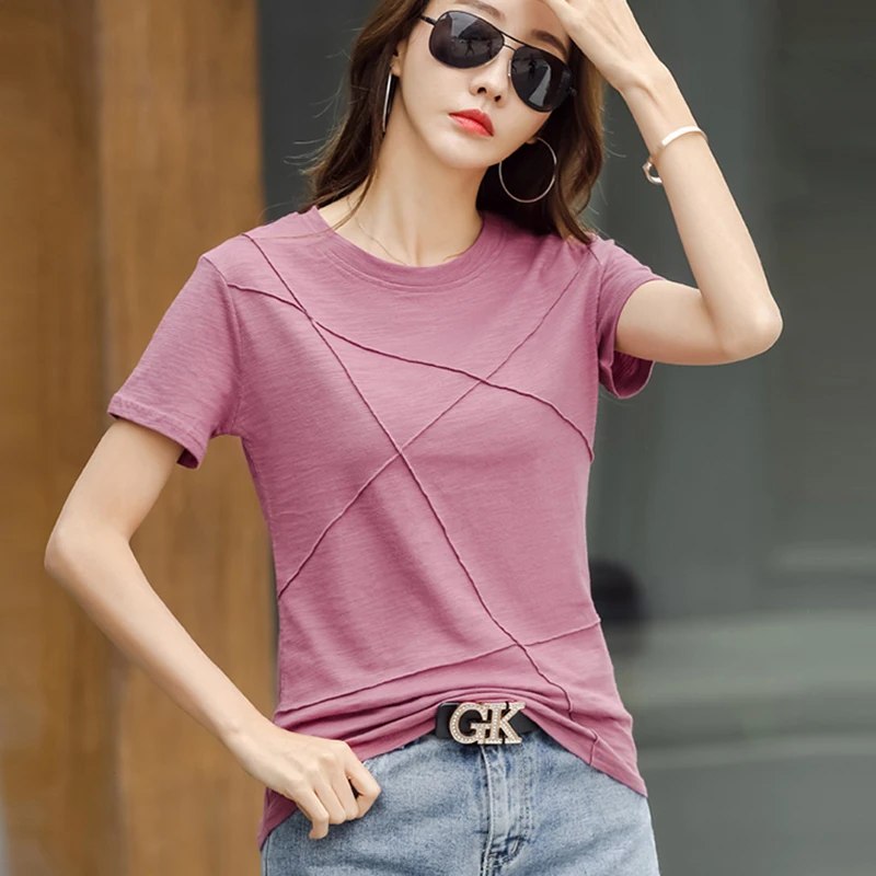 AOSSVIAO-camisetas ajustadas de algodón y bambú para mujer, camisetas acanaladas de manga corta con cuello redondo, Tops informales de Color sólido