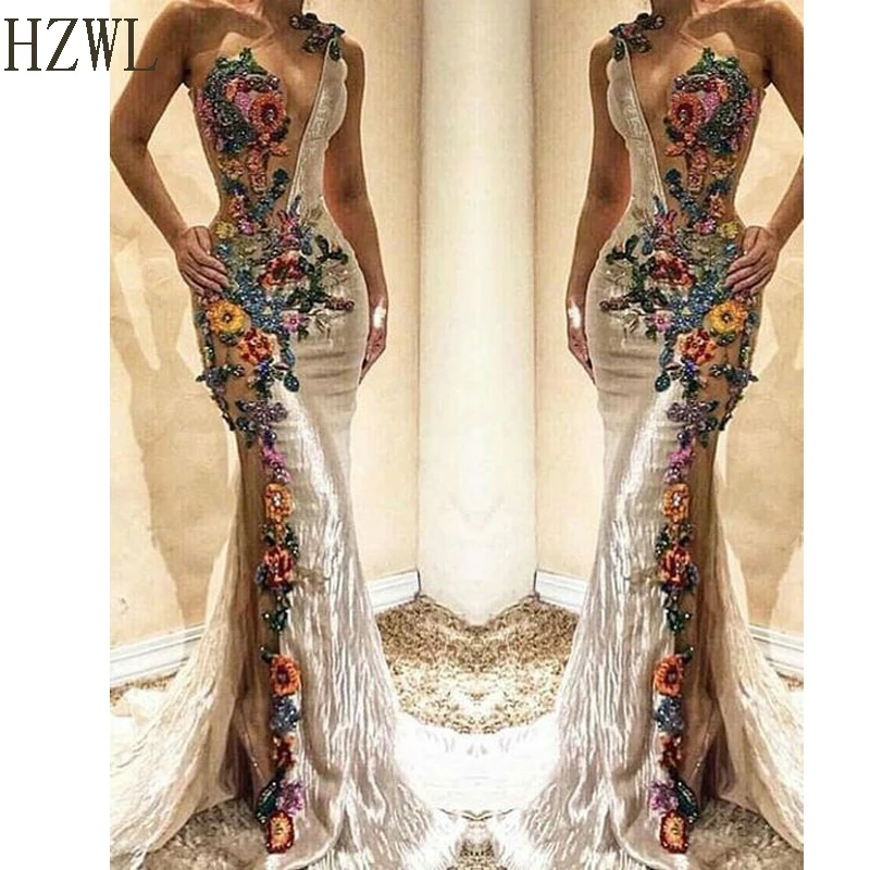 One Shouder Mermaid Evening Dresses Colorful Embroidery Flower Applique Lace Sheer Prom Dress 2020 Women Party Gown