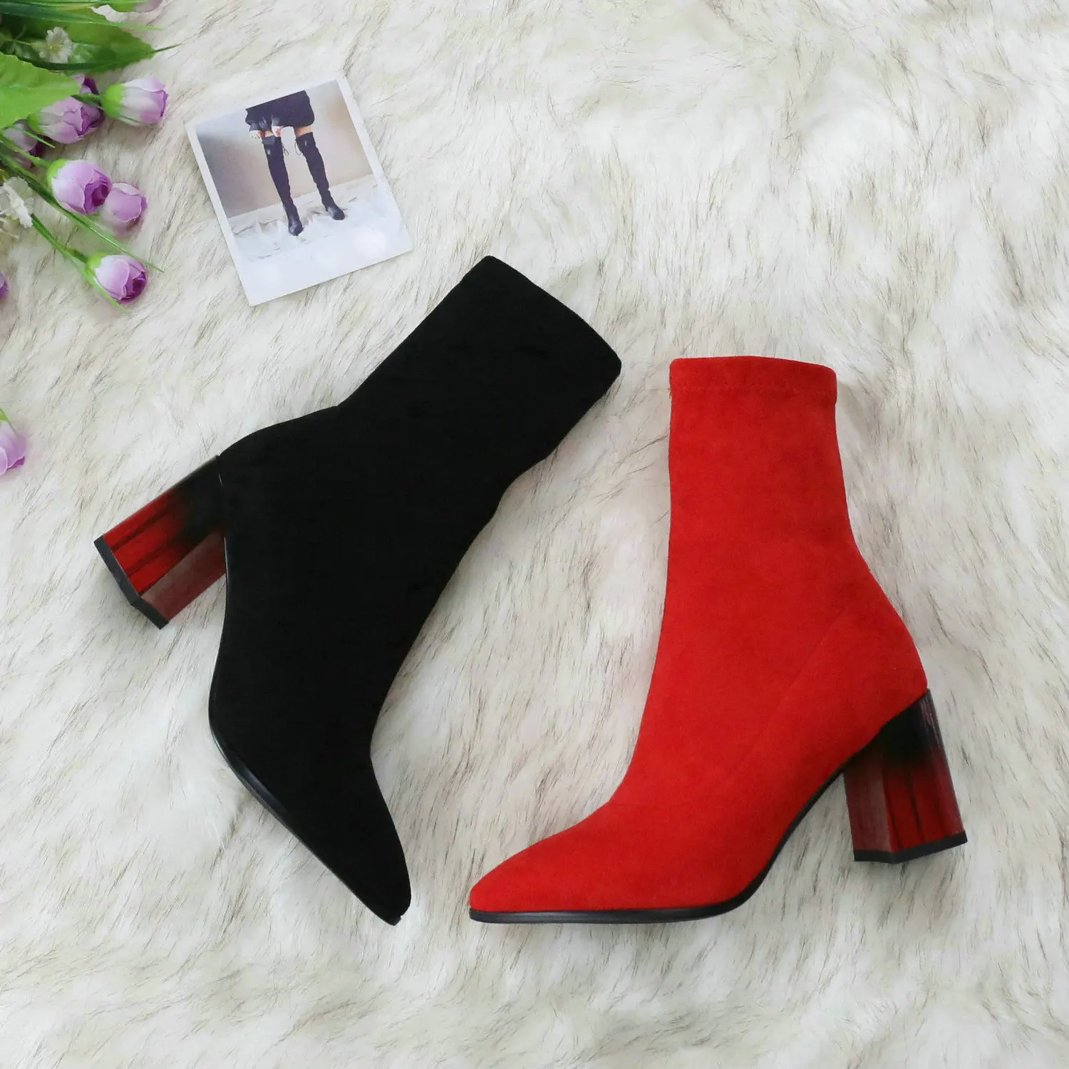 ESVEVA Pointed Toe Sexy High Heels Woman Autumn Winter Fashion Ankle Boots Elastic Flock Slip on Women Shoes Size 34-43