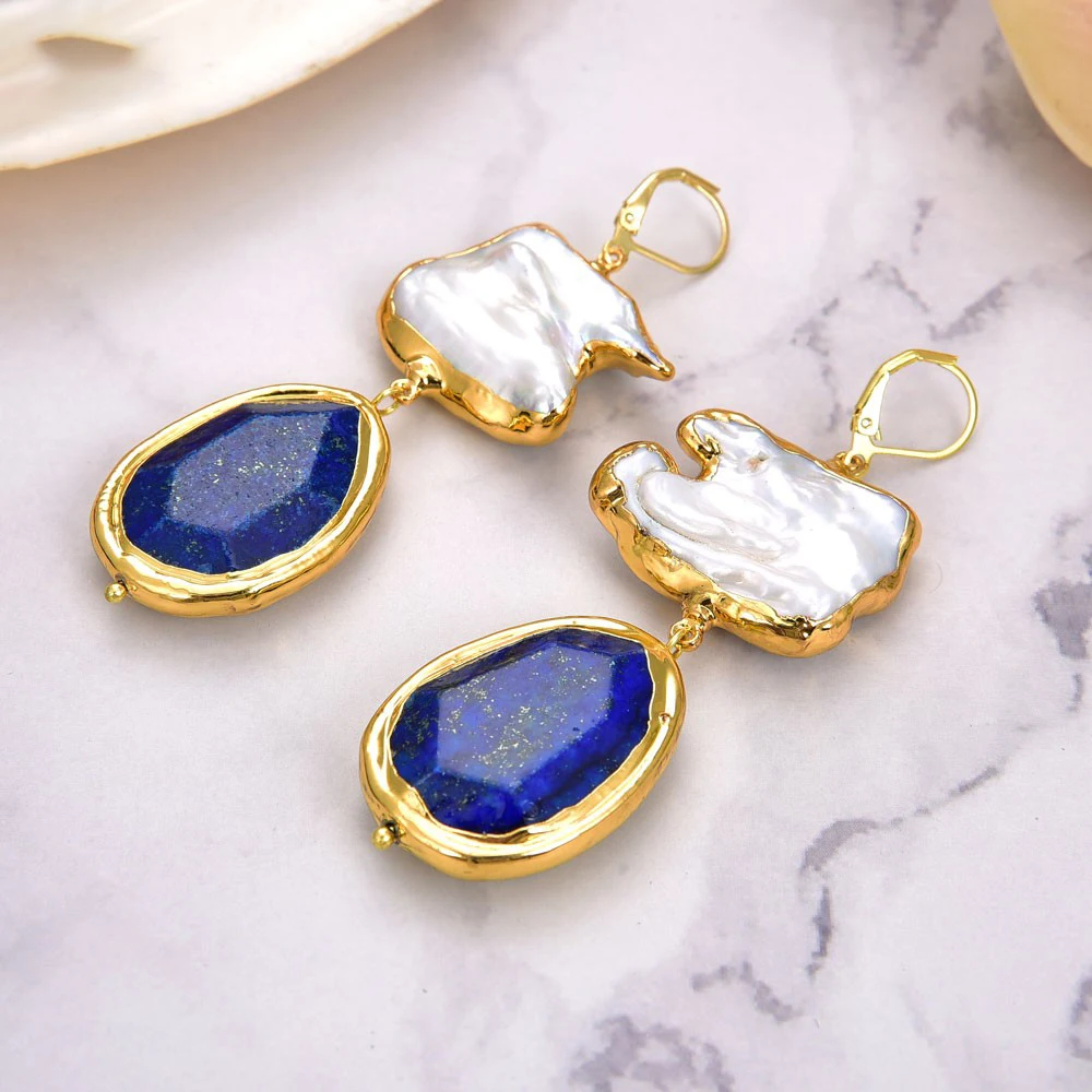 Cultured White Keshi Pearl Blue Lapis With Gold Plated Lever Back Earrings