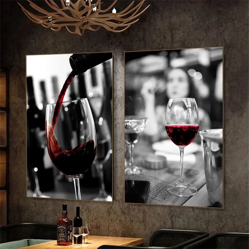 Pouring Red Wine Into The Glass Canvas Poster Whisky Canvas Print Black Red Wall Painting Artwork Picture Bar Restaurant Decor