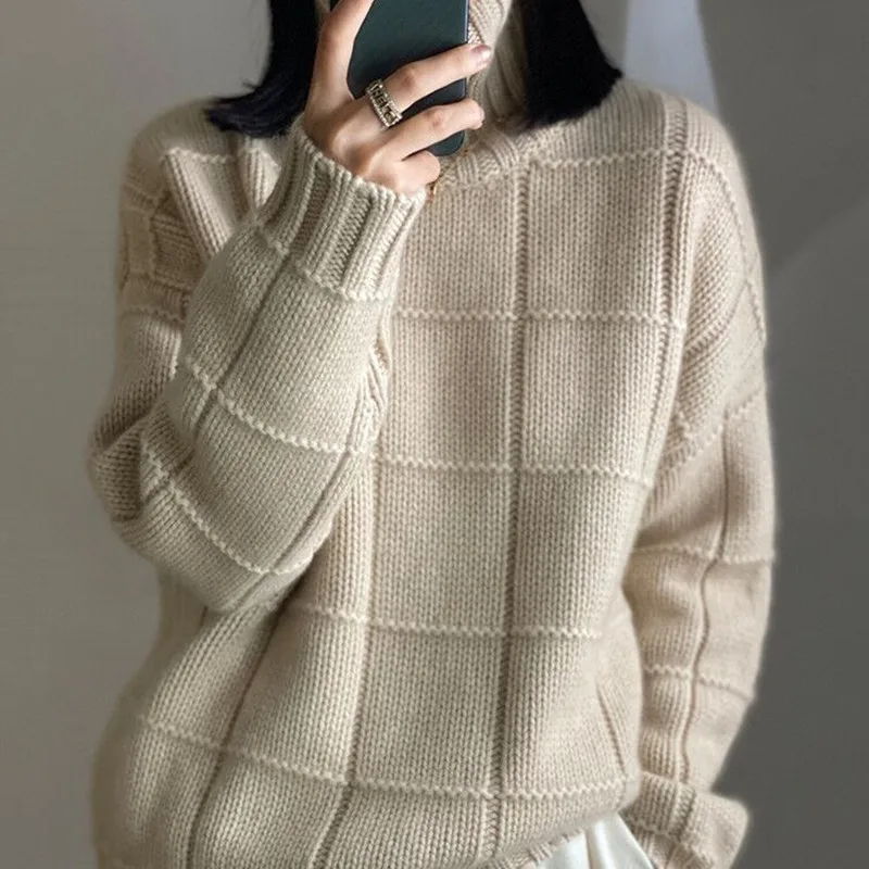 High-neck Thick Cashmere Sweater Women Loose Korean Style Lazy Autumn Winter New Wool Knitted Sweater Turtleneck Pullover Female