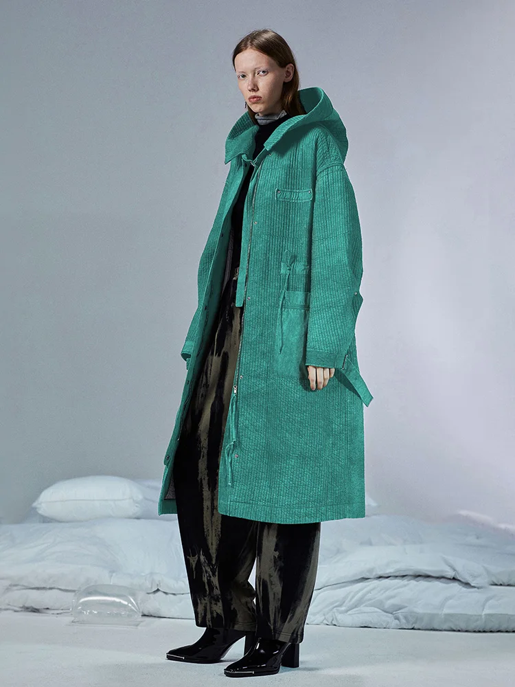 Design New Original Autumn Winter Women Casual Oversized Striped Long Green Cotton Padded Warm Hooded Parkas Jacket