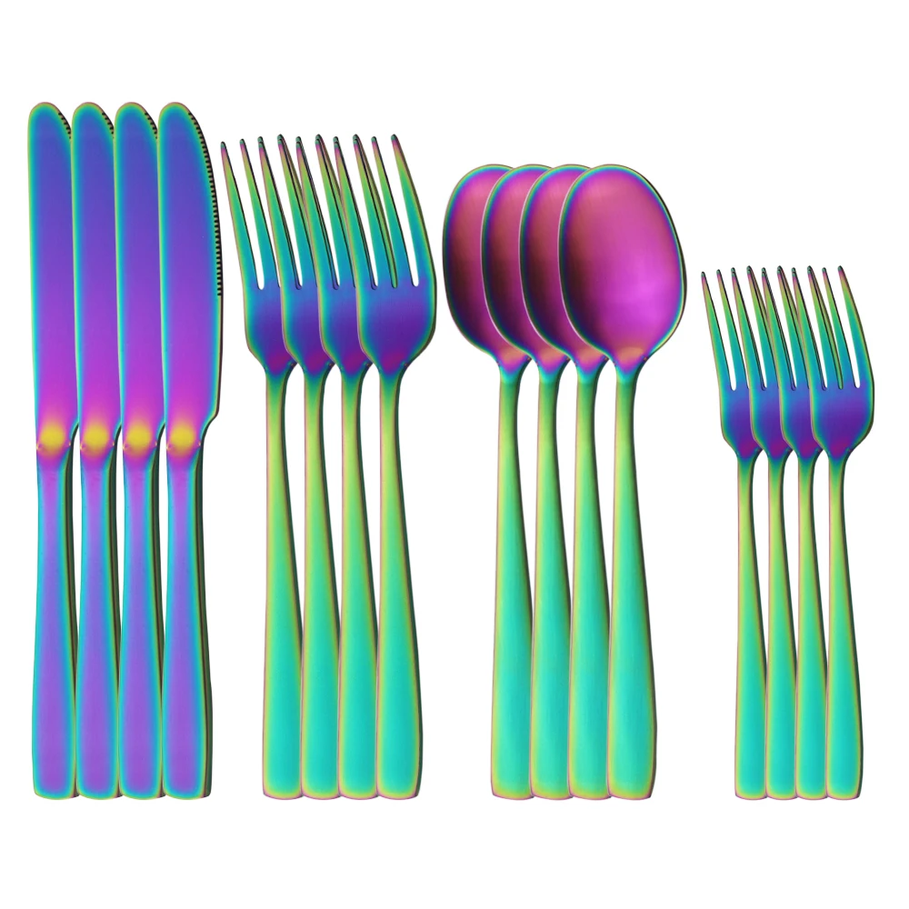 

16pcs Matte Rainbow Tableware Stainless Steel Cutlery Set Kitchen Dinner Knives Dessert Forks Spoons Set Flatware Dinnerware Set