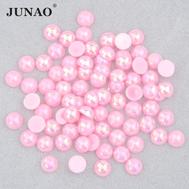 JUNAO 2 4 6 8 10 12 14mm Pink AB Half Round Flatback Pearl Beads Nail Art Imitation Pearl Stickers Loose Garment Beads