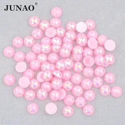 JUNAO 2 4 6 8 10 12 14 mm Różowy AB Półokrągły Flatback Pearl Beads Nail Art Imitation Pearl Stickers Loose Garment Beads