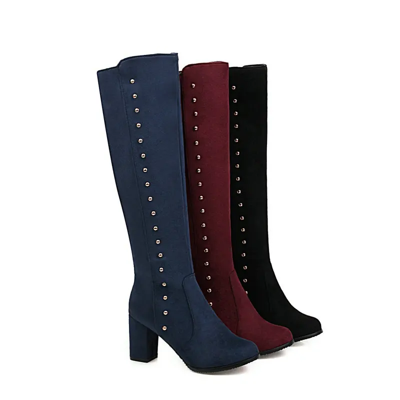 2020 Faux Suede Women Knee High Boots Square High Heel Ladies Boots Fashion Metal Decoration Zipper Women Shoes Back Blue