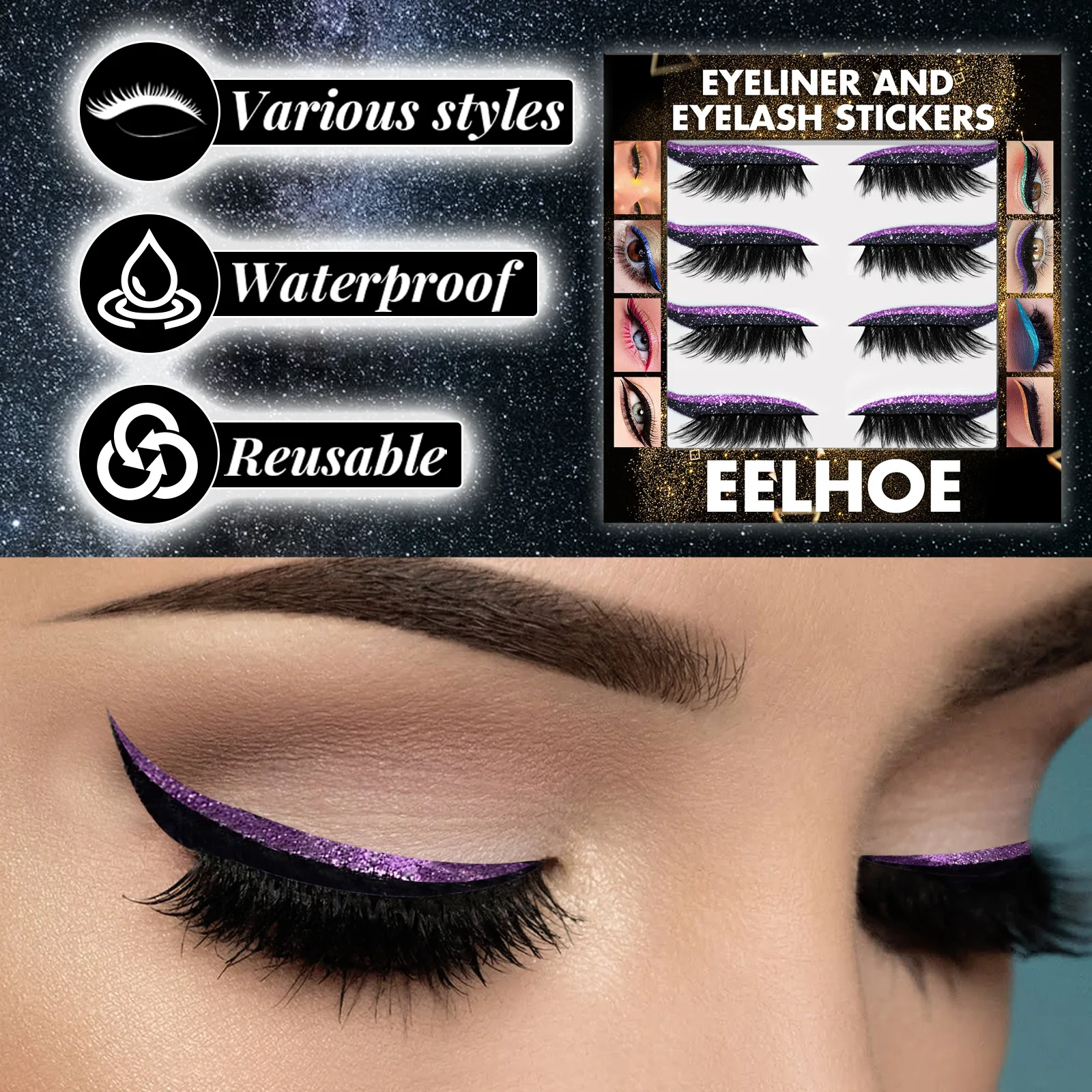 Free Shipping Eelhoe 7 Color Glitter Eyeliner False Eyelash Stickers Stage Reusable Double Eyelid Sticker Cat Eye Makeup Sticker