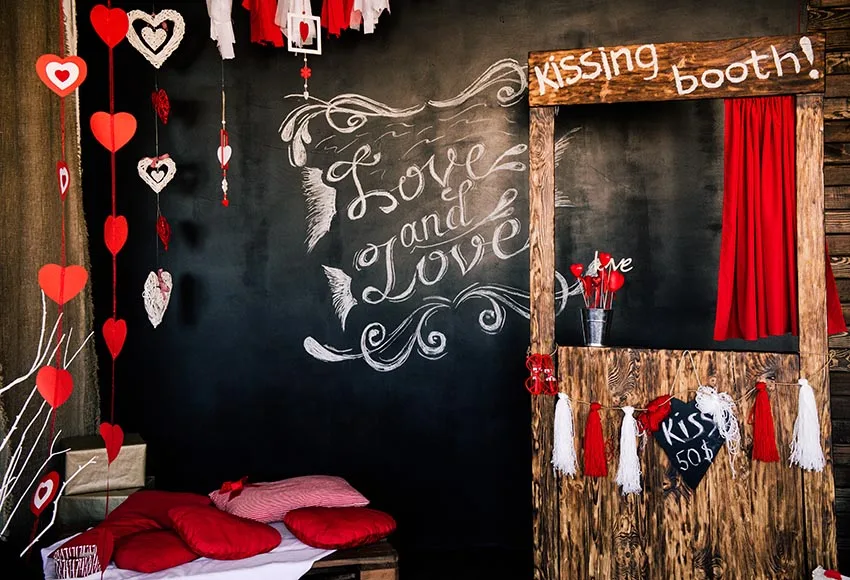 Mehofond Valentine's Day Photography Background Red Love Wood Kissing Booth Baby Shower Decor Backdrop Photo Studio Photophone