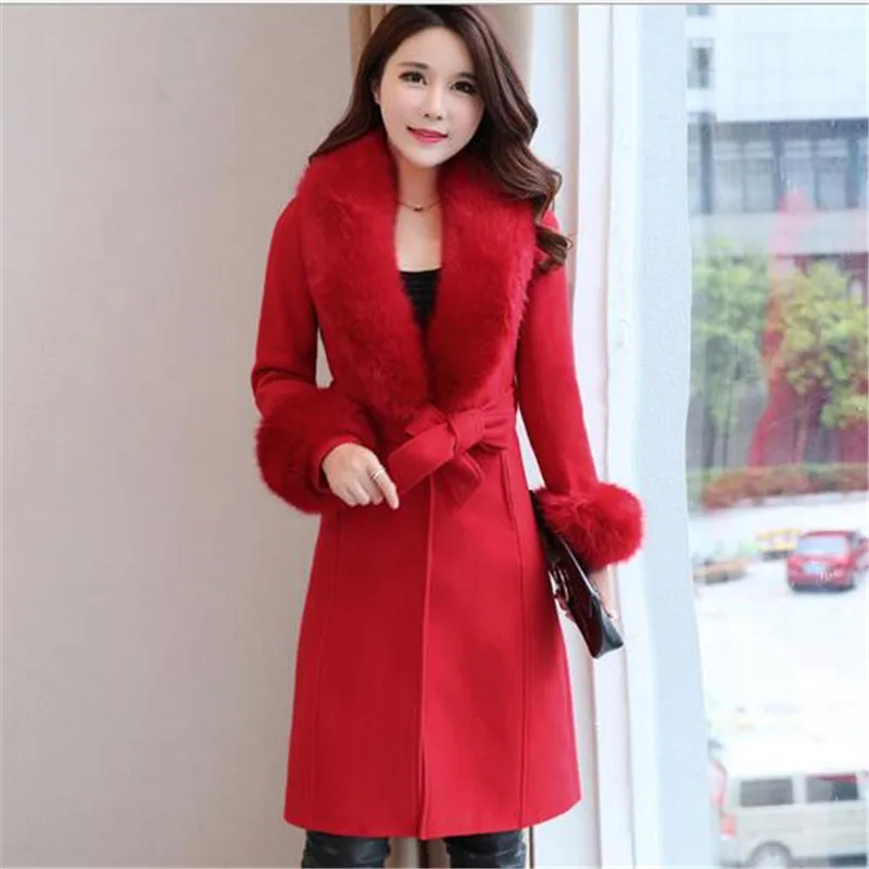 2024 Autumn Winter High End Fashion Coat Slim Was Thin Woolen Coat Faux Fur Fur Collar Slim Was Thin Mid-length Coat Women Coat