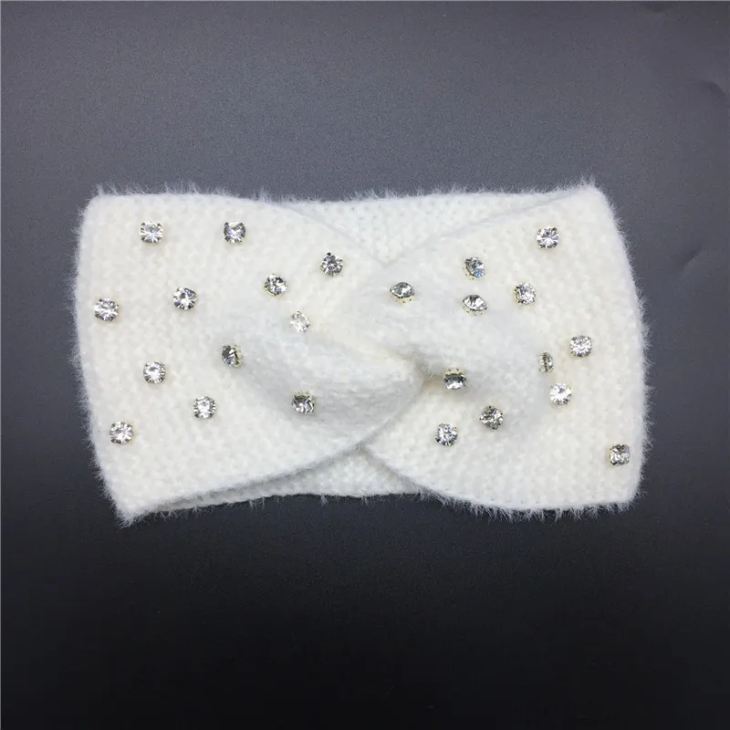 Women Solid Stone Headband Ivory Headwear Clear Glass Stones Fuzzy Headband Girls Knitted Hair Accessory Turban Winter Hair Band