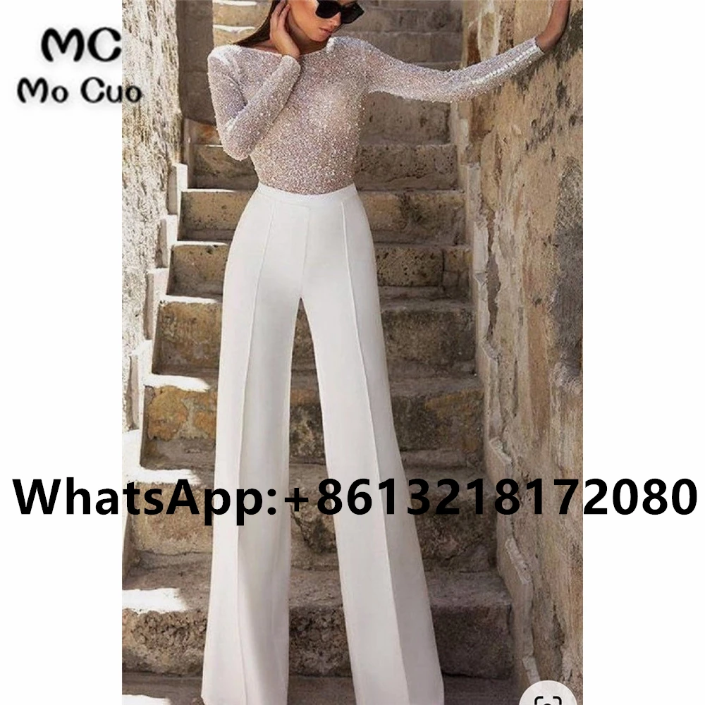 

2021 Jumpsuit Pants Wedding Dresses Long Sleeve Beading V Neck Elastic Satin Boho vestido de Women Bridal Gowns