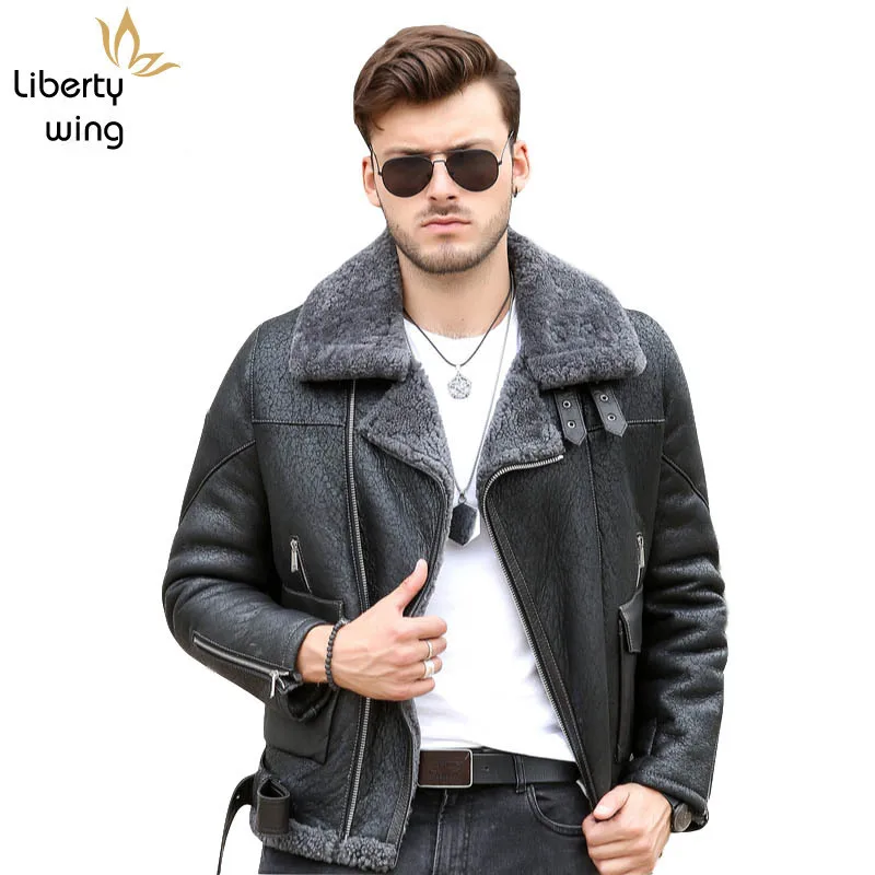 

Italy Motorcycle Mens Biker Genuine Leather Real Fur Lining Warm Shearling Overcoat Aviator Jacket Slim Fit Military Coat