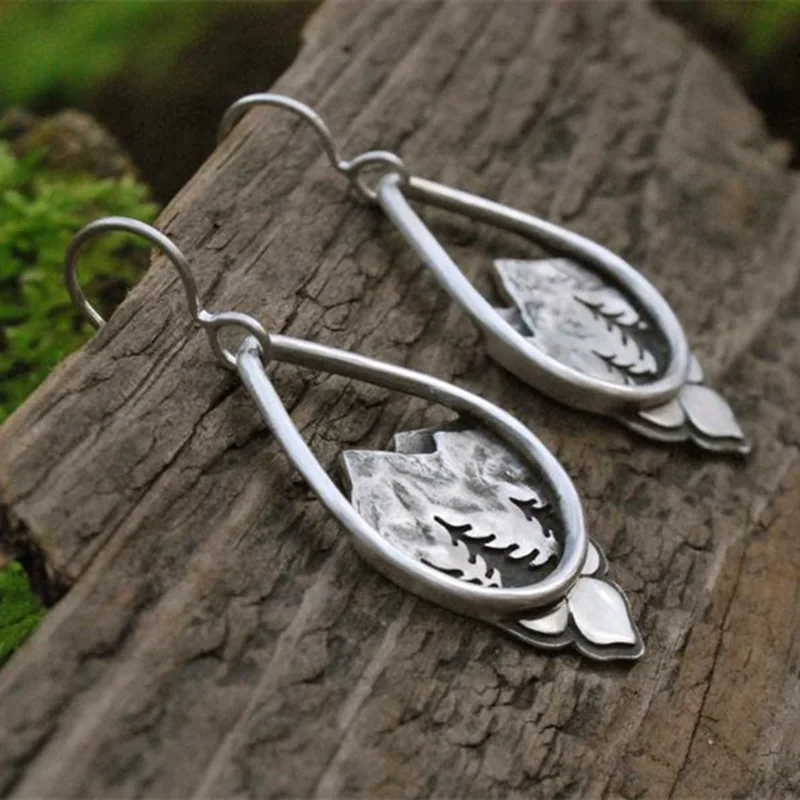 Vintage Water Drop Alpine Forest Tree Earrings Silver Color Mountain Pine Dangle Earrings for Women Fashion Ethnic Style Jewelry