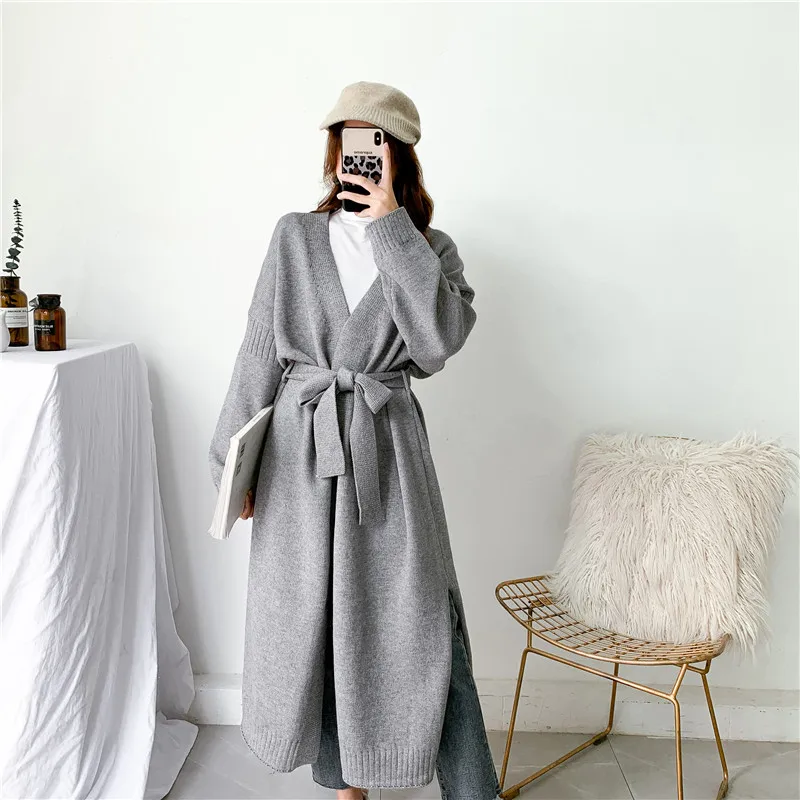 [ZAYAU]New Autumn Winter Belt Sweater Cardigan Versatile Lazy Wind Loose Knit Medium Length Coat women's Waist2021