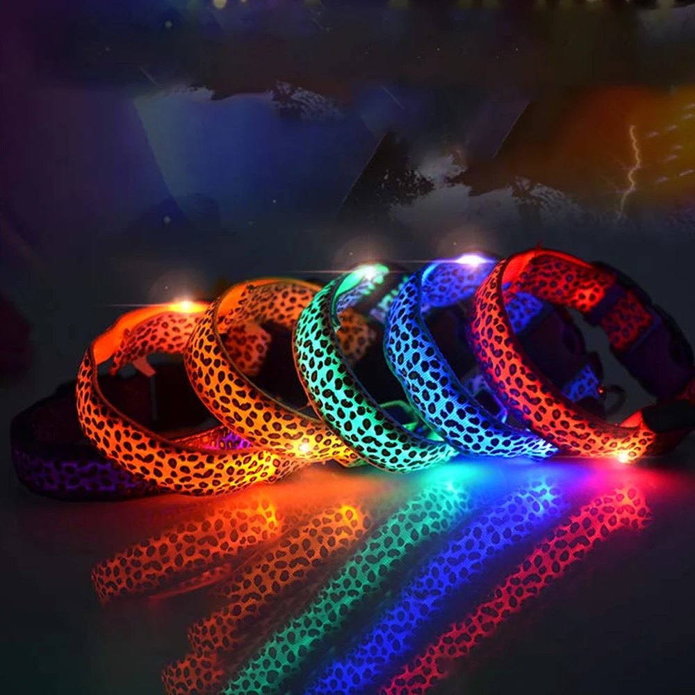 Adjustable Dog Collar Leopard Pattern LED Anti-lost Glowing Night Necklace for Pets Cat Collars Safety Luminous Nylon Strap