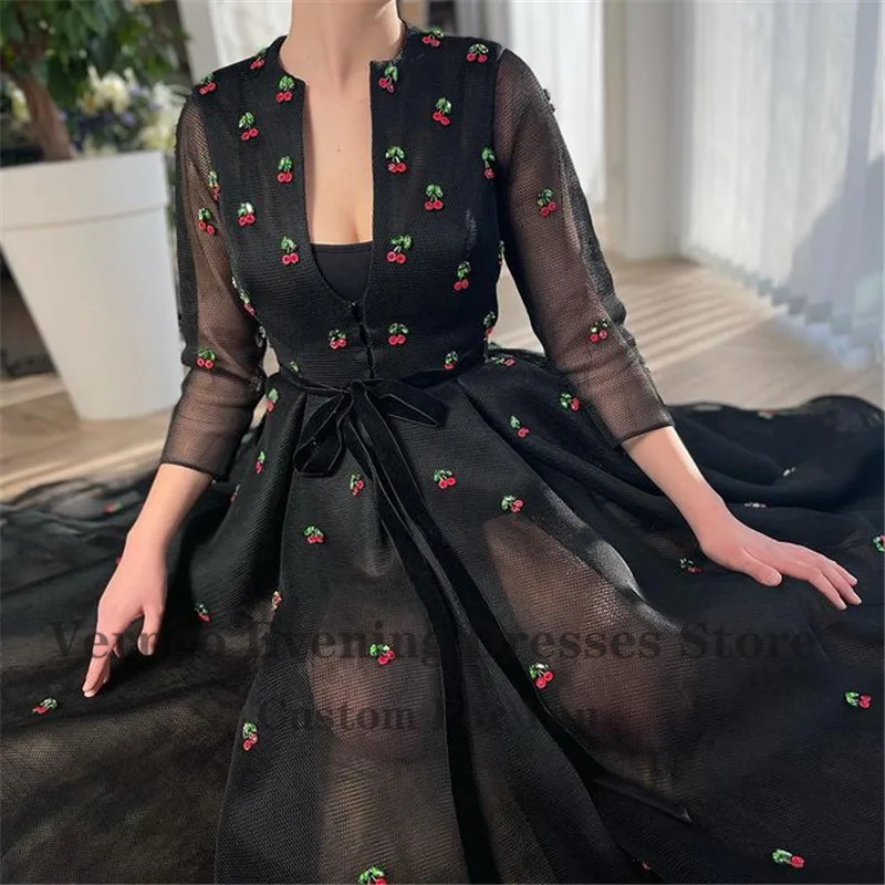 Verngo Modest Black 2/3 Long Sleeves Evening Dresses A Line Square Neck Tea Length Prom Gowns 2021 Spring Women Casual Cloth