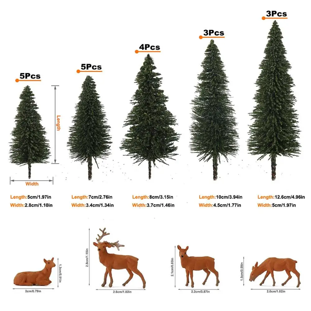 20pcs HO O N Z Scale Model Pine Trees with 4pcs 1:87 Moose Deer Railway Layout Mini Scenery S0804M