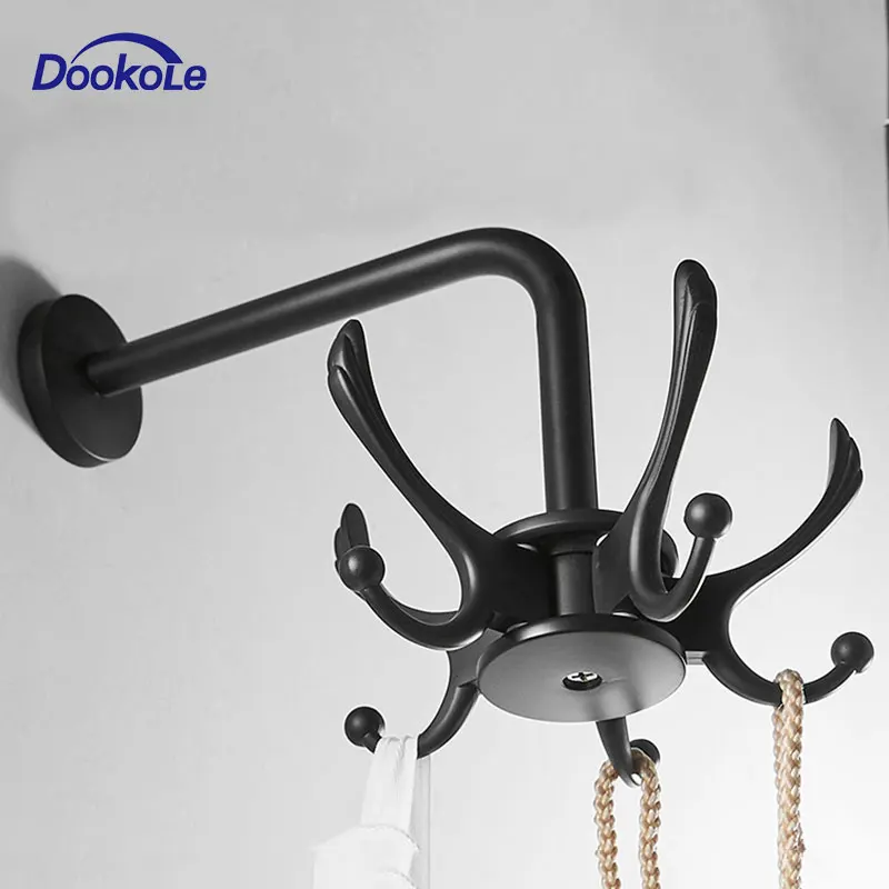 Black Rotating Bathroom Hanger Wall-mounted, Movable Hooks Coat Rack Robe Hook for Hotel