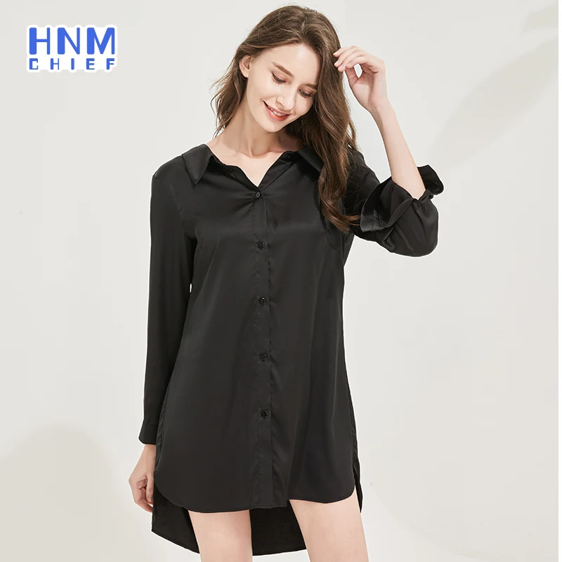 HNMCHIEF-Camisón azul con espalda descubierta para mujer, vestido de lencería con botones, Blusa de manga larga, bata de satén de seda, ropa de