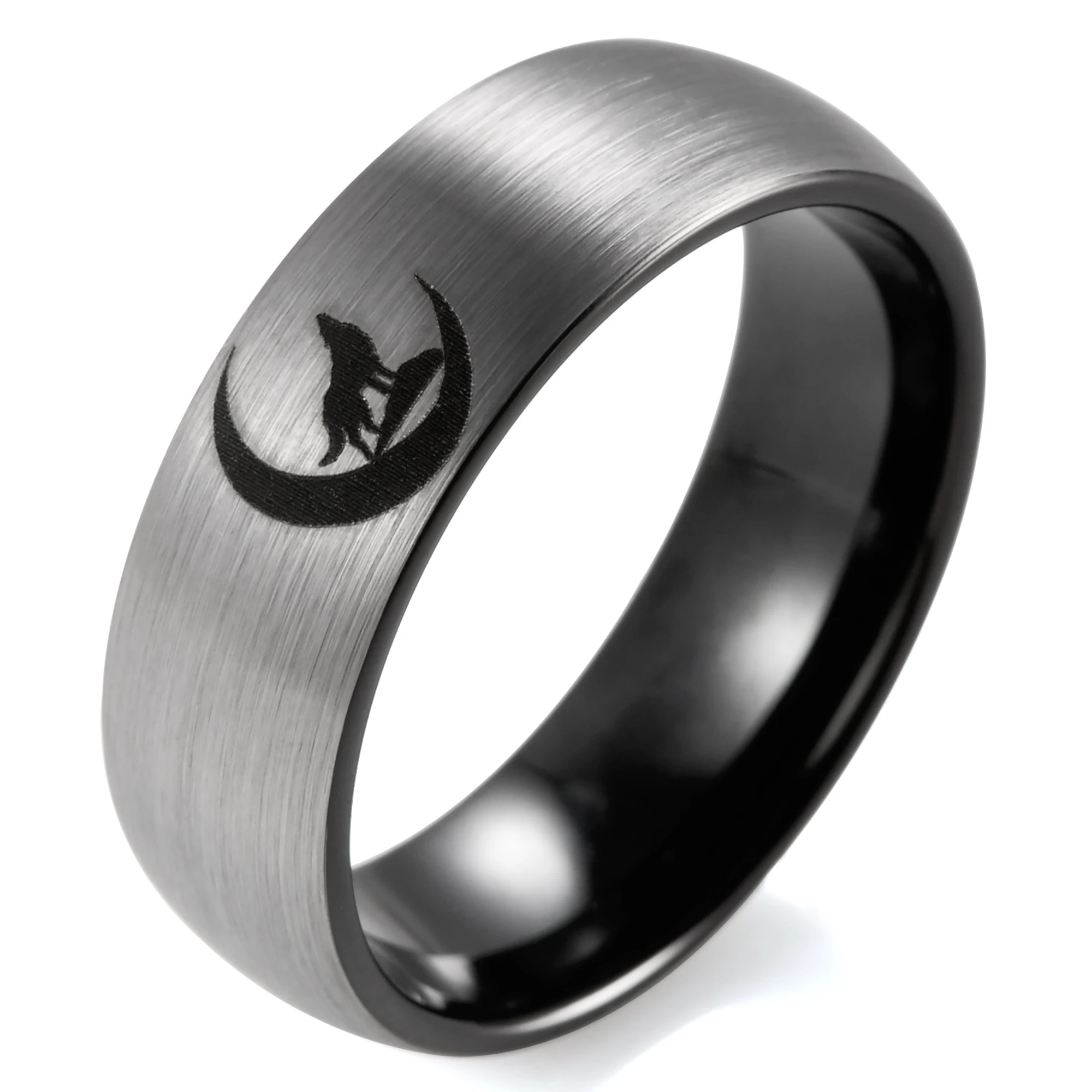 8mm Black&Silver Two Tone Tungsten Ring Howling Wolf Scene Outdoors man Wedding Band Brushed Mens Anniversary Ring Hunting Ring