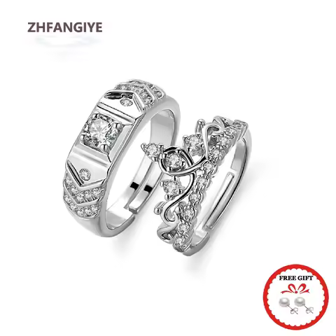 Trendy 925 Silver Jewelry Rings with Zircon Gemstone Crown Shape 2 in 1 Open Finger Ring Set for Women Men Lover Wedding Promise