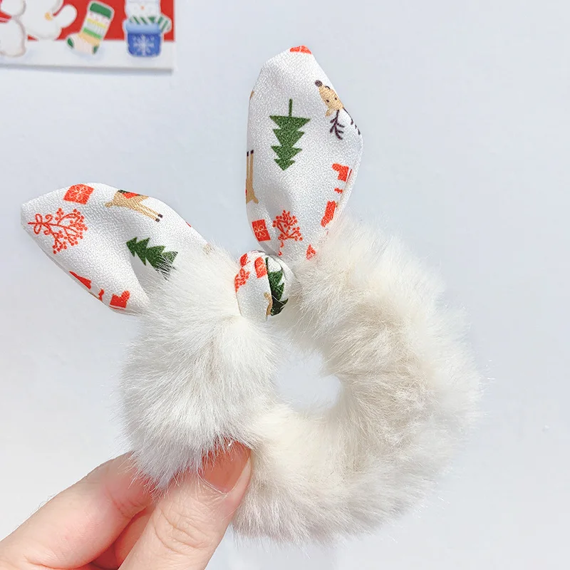 Christmas Print Cute Rabbit Ear Fluffy Faux Fur Scrunchie Girls Hair Bands Rubber Band Women Hair Rope Ties For Hair Accessories