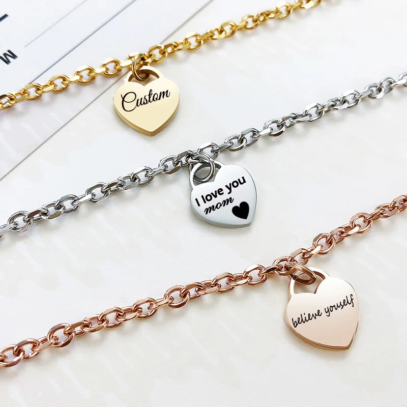 

Heart Charm Bracelet for Women Girls Engraved Stainless Steel Link Bracelet Birthday Christmas Jewelry Gift Toggle Clasp