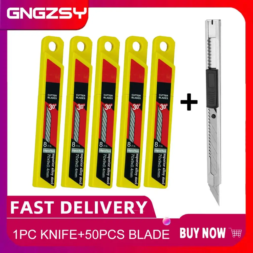 CNGZSY 1PC Snap-Off Knife + 50PCS Blades Retractable Art Cutter Window Repair Scraper Glue Cleaning Pencil Paper Knife E02+5E03