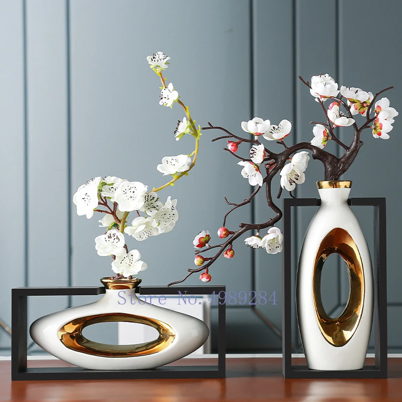 Chinese Style Creativity Ceramic Vase Wooden Frame Retro Openwork