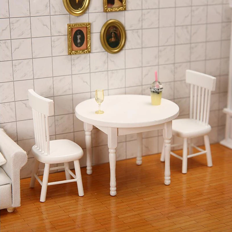 New Arrival 1:12 Dollhouse Miniature Furniture Wooden White Dining Table Chair Model Set Dollhouse Furniture Accessories