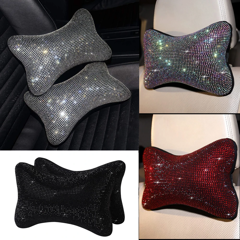 

2 Pcs Diamond Bling Car Neck Pillow for Car Seat Driver Auto Seat Headrest Cushion Crystal Rhinestone Rainbow Bling Accessories
