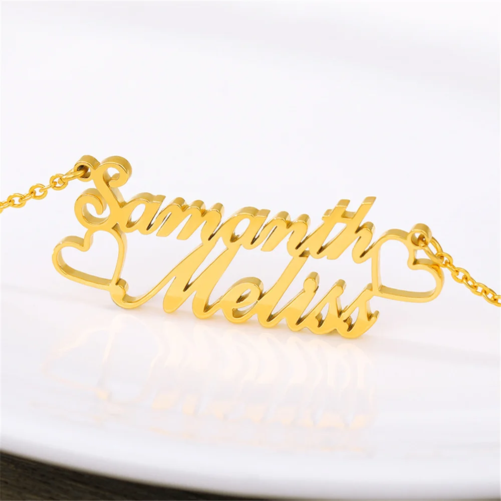 Custom Name Necklace Stainless Steel 18K Gold Double Heart Necklace Double Nameplate Pendant Women Jewelry Gift