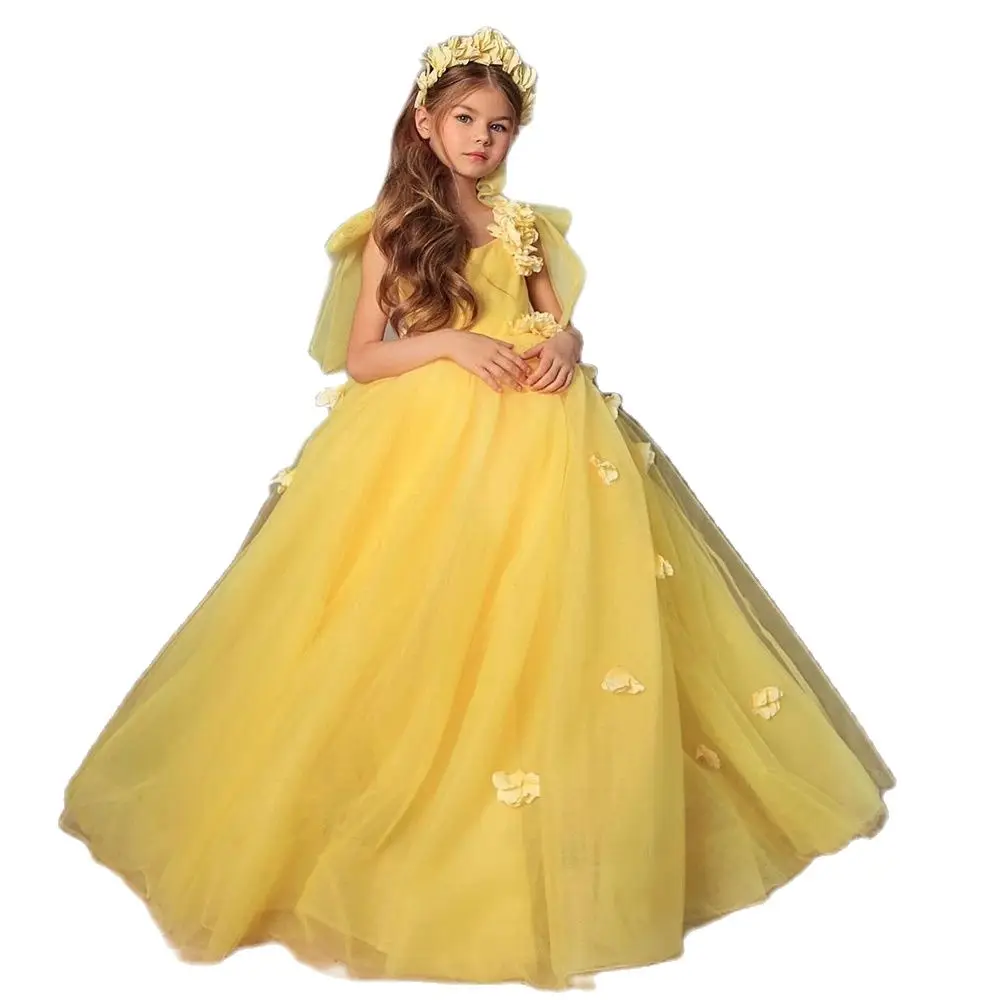 

Yellow Kids Flower Girl Dresses Tulle Layers First Communion Dresses Puff sleeves Bow Knot Girl Wedding Little Bride Dresses