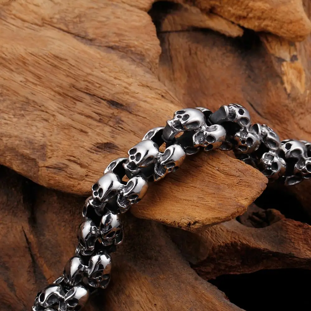 12mm Punk Skull Bracelets For Men Stainless Steel 316L Skeleton Lion Charm Link Chain Male Gothic Jewelry