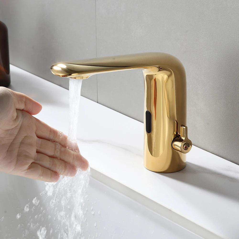 bathroom automatic smart sink faucet taps body full copper brass brushed golden color mixer water cold and hot ac 220 & dc power